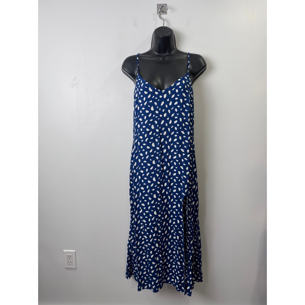 Reformation Women Crimini Blue Dot Print Side Slit Midi Slip Dress Size 4